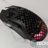 The SteelSeries Aerox 5 Wireless gaming mouse with the RGB LEDs enabled