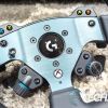 Detail of the buttons on the front of the Logitech G PRO Racing Wheel Rim