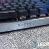 The Razer logo etched into the front of the Razer BlackWidow V4 Pro mechanical gaming keyboard
