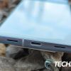 The USB-C port and speakers on the bottom of the Pixel 7a Android smartphone