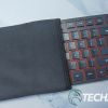 The Cherry KW 9200 Mini Wireless Keyboard partially inserted into the included carrying pouchThe Cherry KW 9200 Mini Wireless Keyboard partial inserted into the included carrying pouch