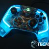 The front of the GameSir T4 Kaleid wired game controller with the RGB LEDs turned on