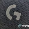 The Logitech G logo is stitched into the ActiFit fabric of the Playseat Challenge X — Logitech G Edition sim racing seat