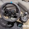 The Logitech G923 racing wheel and shift mounter attached to the Playseat Challenge X — Logitech G Edition sim racing seat